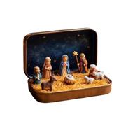 Crèche de Noël miniature en résine dans une boîte en étain - Scène de Sainte Famille avec Jésus, Marie, Joseph et Mouton, petite décoration de table de Noël, cadeau religieux au format de poche pour