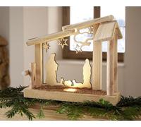 Crèche de Noël "Sainte Famille" avec éclairage LED en bois, étable de la crèche en chêne, personnages en contreplaqué