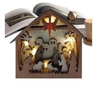 Crèche en bois illuminé, statuette de crèche de Noël - Figurine de table avec statue de crèche - Décoration saisonnière, ornement intérieur et extérieur pour table à thé, bibliothèque
