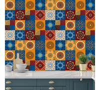 Credence Adhesive pour Cuisine 20X20 Fleur Bleue Orange Stickers Cuisine Stickers Muraux Cuisine Carrelage Adhesif Mural Stickers Salle de Bain Dalle Pvc Adhesive Murale （10 Pièces）