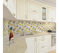 Credence Adhesive pour Cuisine 20X20 Jaune Stickers Muraux Carrelage Adhesif, Stickers Salle de Bain, Dalle Pvc Adhesive (10 Pièces)