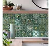Credence Adhesive pour Cuisine 20x20cm Fleurs Vert Jaune Carrelage Adhesif Mural Salle de Bain Imperméable Stickers Muraux Cuisine Meubles Décoration Maison Stickers Carrelage (10 Pièces)