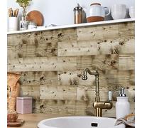 Credence Adhesive pour Cuisine Bois Beige Stickers Cuisine Autocollant Mural Imperméable Carrelage Adhesif Mural Salle de Bain Stickers Carrelage 9 Pièces/10x30cm