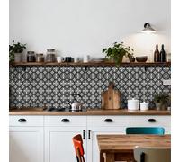 Credence Adhesive pour Cuisine Fleur Noire Grise Dalle Pvc Adhesive Murale Carrelage Adhesif Sol Mural Cuisine Salle de Bain Dalles Adhesives Murales Peel and Stick Tiles 10x10cm/48 Pcs