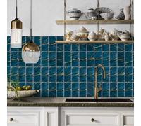 Credence Adhesive pour Cuisine Or De Marbre Bleu Dalle Pvc Adhesive Murale Carrelage Adhesif Sol Mural Cuisine Salle de Bain Dalles Adhesives Murales Peel and Stick Tiles 10.16x20.32cm/32 Pcs