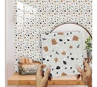 Credence Adhesive pour Cuisine Terrazzo Taupe Carrelage Adhesif Mural Salle de Bain Imperméable Vinyle Stickers Muraux Cuisine Décoration Stickers Carrelage 10 Pièces/15x15cm