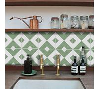 Credence Adhesive pour Cuisine Vert Blanc Géométrique Stickers Muraux PVC Carrelage Adhesif Mural DIY Imperméable Stickers Carrelage pour la Salon Salle de Bain Maison 10 Pièces/15x15cm