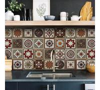Credence Adhesive Pour Cuisine Vintage Rouge Dalle Pvc Adhesive Murale Salle de Bain,Feuilles de Stickers Muraux en Vinyle, Stickers Carrelage Imperméables