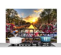 Credence Amsterdam - Fleurs - Pont - Vélo - Coucher de soleil Fond de hotte 120x80 cm Credence aluminium Plaque inox de cuisine