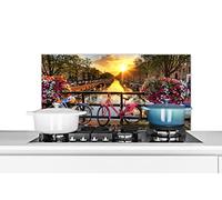 Credence Amsterdam - Fleurs - Pont - Vélo - Coucher de soleil Fond de hotte 80x40 cm Credence aluminium Plaque inox de cuisine