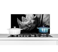Credence Animaux - Rhinocéros - Noir - Blanc - Portrait Fond de hotte 80x40 cm Credence aluminium Plaque inox de cuisine