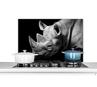 Credence Animaux - Rhinocéros - Noir - Blanc - Portrait Fond de hotte 80x55 cm Credence aluminium Plaque inox de cuisine