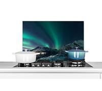 Credence Aurore boréale - Montagne - Neige - Vert - Ciel étoilé - Hiver Fond de hotte 60x40 cm Credence aluminium Plaque inox de cuisine