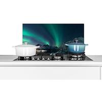 Credence Aurore boréale - Montagne - Neige - Vert - Ciel étoilé - Hiver Fond de hotte 70x30 cm Credence aluminium Plaque inox de cuisine