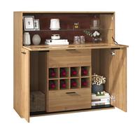Crédence bois avec LED intégré, rangement pour bouteilles, vaisselle, objets de service, panneau décoratif arrière, cloison vitrée, étagère fonctionnelle, poignées discrètes, structure compacte