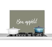 Credence Bon appétit - Citation - Proverbes - Vert olive Fond de hotte 80x55 cm Credence aluminium Plaque inox de cuisine