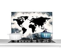 Credence Carte du monde - Bois - Noir Fond de hotte 90x60 cm Credence aluminium Plaque inox de cuisine