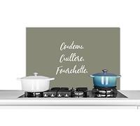 Credence Chez nous, le bonheur est fait maiso - Citation - Proverbes - Vert olive Fond de hotte 90x60 cm Credence aluminium Plaque inox de cuisine
