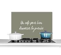 Credence Citation - Proverbes - Vert olive - Um café pour bien démarrer la journée Fond de hotte 90x60 cm Credence aluminium Plaque inox de cuisine