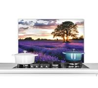 Credence Coucher de soleil d'un soir d'été sur un champ de lavande biologique dans le Surrey, en Angleterre. Fond de hotte 80x55 cm Credence aluminium Plaque inox de cuisine