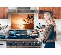 Credence Coucher de soleil - Tropical - Palmier - Plage - Mer Fond de hotte 90x60 cm Credence aluminium Plaque inox de cuisine