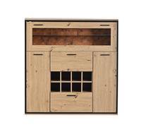 Crédence Élégante avec Double Portes, Étagère en Verre, Porte-bouteilles et Lumière LED à 15 Couleurs, Bois naturel
