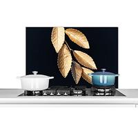 Credence Feuilles - Noir - Or - Luxe - Plantes Fond de hotte 90x60 cm Credence aluminium Plaque inox de cuisine