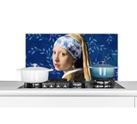 Credence Fille avec une boucle d'oreille en perle - Bleu de Delft - Vermeer - Fleurs - Peinture - Maîtres anciens Fond de hotte 90x45 cm Credence aluminium Plaque inox de cuisine