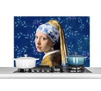 Credence Fille avec une boucle d'oreille en perle - Bleu de Delft - Vermeer - Fleurs - Peinture - Maîtres anciens Fond de hotte 100x65 cm Credence aluminium Plaque inox de cuisine