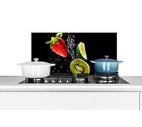 Credence Fruit - Eau - Noir - Nature morte Fraise - Kiwi Fond de hotte 60x30 cm Credence aluminium Plaque inox de cuisine