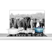 Credence Highlanders écossais un matin d'hiver - noir et blanc Fond de hotte 90x60 cm Credence aluminium Plaque inox de cuisine