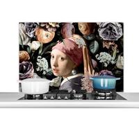 Credence Jeune fille avec une boucle d'oreille en perle - Fleurs - Vermeer - Pastel - Œuvre d'art - Peinture - Maîtres anciens Fond de hotte 100x65 cm Credence aluminium Plaque inox de cuisine