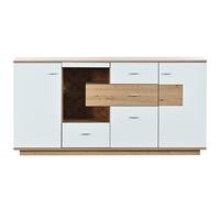 Crédence moderne avec grand espace de rangement, éclairage LED, 2 portes, 4 tiroirs, étagère en verre, Naturel