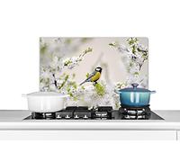 Credence Oiseau - Mésange charbonnière - Fleurs - Arbre à fleurs Fond de hotte 60x40 cm Credence aluminium Plaque inox de cuisine