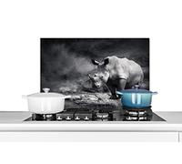 Credence Rhinocéros - Nature - Herbe - Noir - Blanc Fond de hotte 60x40 cm Credence aluminium Plaque inox de cuisine