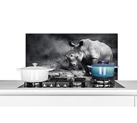 Credence Rhinocéros - Nature - Herbe - Noir - Blanc Fond de hotte 90x45 cm Credence aluminium Plaque inox de cuisine