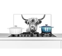 Credence Scottish Highlander - Bull - Animaux - Noir - Blanc Fond de hotte 70x30 cm Credence aluminium Plaque inox de cuisine