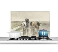 Credence Une paysanne avec des vaches sur une route de campagne sous la pluie - Peinture d'Anton Mauve Fond de hotte 80x55 cm Credence aluminium Plaque inox de cuisine