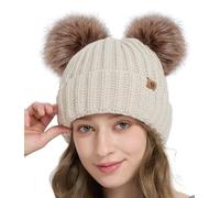 Creekstone Bonnet d'hiver à Double Pompon pour Femmes, Bonnet Chaud Doublé en Polaire, Pom Pom Beanie Bobble Hat Chapeaux en Tricot épais (FR/ES, Alpha/Lettres, Taille Unique, Beige)