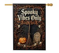 Creepy Mood Only Drapeau de maison citrouilles avec citation d'Halloween 71 | Bâton de sorcière, drapeau de pelouse, accents de crâne, pierre tombale, toile d'araignée, mur de briques sombres