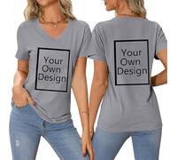 Créez Votre T Shirt Personnalisé Femme Col V - Tee Shirt Personnalisable avec Texte ou Photo Imprimée Avant/Arrière - T Shirt personnalisé Grande Taille - T-Shirts Fantaisie Idée Cadeau Anniversaire