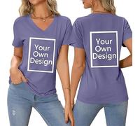Créez Votre T Shirt Personnalisé Femme Col V - Tee Shirt Personnalisable avec Texte ou Photo Imprimée Avant/Arrière - T Shirt personnalisé Grande Taille - T-Shirts Fantaisie Idée Cadeau Anniversaire