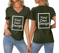 Créez Votre T Shirt Personnalisé Femme Col V - Tee Shirt Personnalisable avec Texte ou Photo Imprimée Avant/Arrière - T Shirt personnalisé Grande Taille - T-Shirts Fantaisie Idée Cadeau Anniversaire