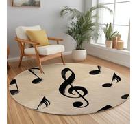 Crème Antidérapant Tapis Rond 120 cm, Éléments Musicaux Notes Lavable en Machine Tapis Rond, Moquette de Salon et Chambre Doux et Confortable, Idéal pour Intérieurs décoration