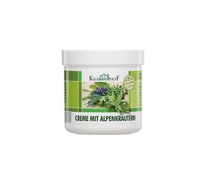 Crème aux herbes des Alpes. La crème Kräuterhof® au beurre de karité et aux extraits d‘herbes est un soin rafraîchissant pour les pieds et les jambes