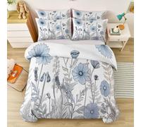 Crème Bleu Gris Clair Housse de Couette 90 x 190 cm, Champêtre Plante Fleur Sauvage Prairie Parure de lit, Dessiné Main Minimaliste Housse Couette en Microfibre, Cadeau Fête Anniversaire
