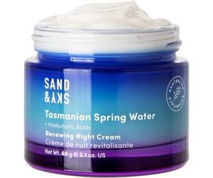 Crème de nuit Sand & Sky Tasmanian Spring Water Renewing Night Cream. Crème hydratante de nuit pour le visage pour une hydratation en profondeur, une rétention d’humidité, un renouvellement de la peau