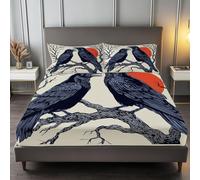 Crème Drap Housse 140 x 200 cm Microfibre Brossée, Animaux Corbeaux Branches Bizarre avec Rebord Élastique Protège Matelas Amovible, Literie de Chambre, adapté aux Matelas 140x200 cm