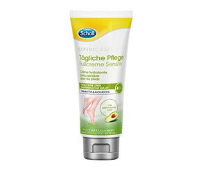 Crème pieds quotidienne Scholl Expertcare Sensitive -au beurre de karité et à l'huile d'avocat -compatibilité cutanée testée dermatologiquement-non parfumée - rapidement absorbée-non grasse -3 x 75 ml