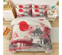 Crème Rouge Parure de lit 90 x 190 cm, Illustration Japonaise Housse de Couette, avec Taies d'oreiller, Jardin Pont Arche Soleil Rouge Temple Microfibre Parure de lit Enfant Garçon Fille Adulte